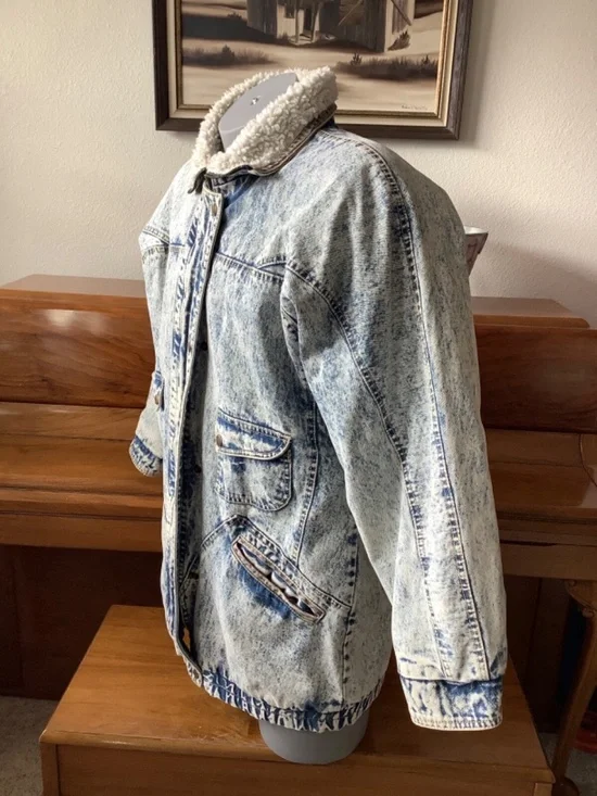 Vintage Andy Johns Woman’s ACID WASH Denim JACKET Size Medium Sherpa CHORE COAT - Picture 3 of 13